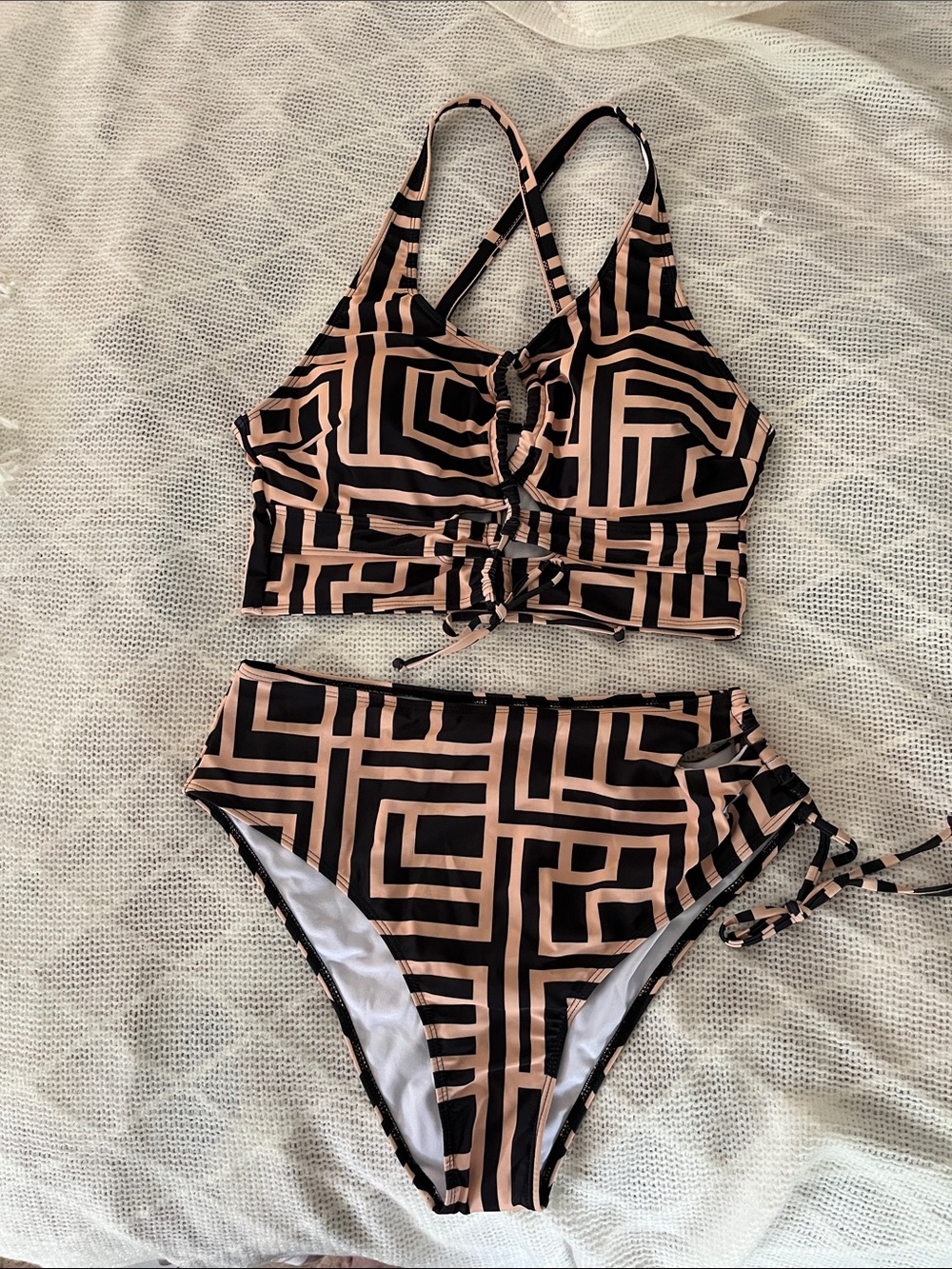 SHEIN Black and Beige Geometric High-Waist Bikini Set